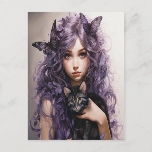 Carte Postale Belles papillons de fée violets Chat noir