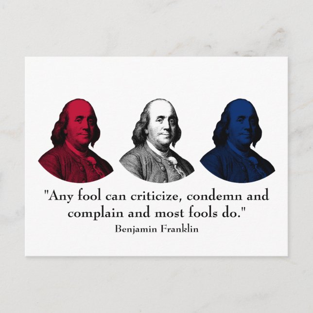 Carte Postale Ben Franklin et Citation — Rouge, Blanc et Bleu (Devant)