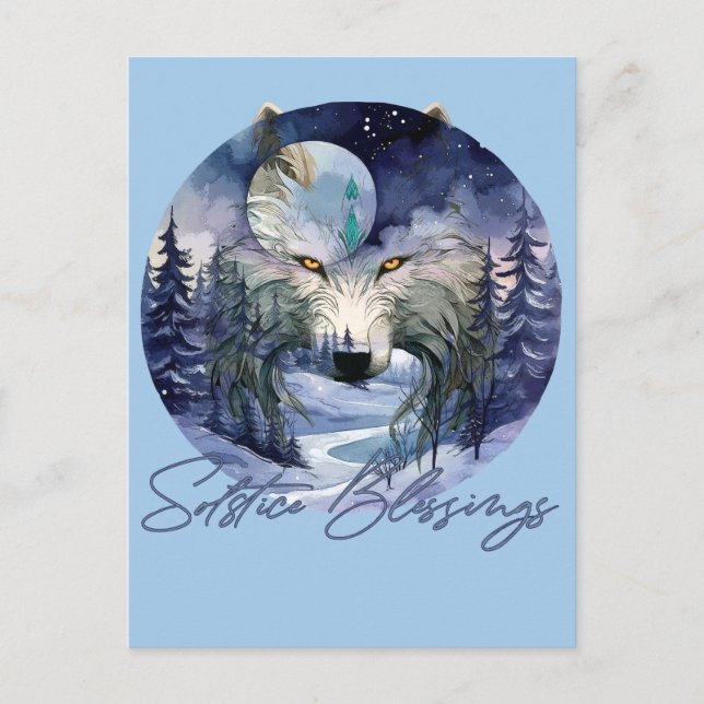 Carte Postale Bénédiction solstice Wolf d'hiver Moonlight Woods (Devant)