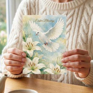 Carte Postale Bénédictions de Pâques Colombe chrétienne & Lys Aq
