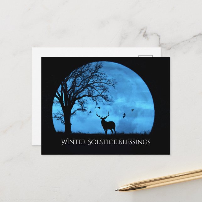 Carte Postale Bénédictions du solstice d'hiver Chêne Lune Élan (Devant/Arrière en situation)