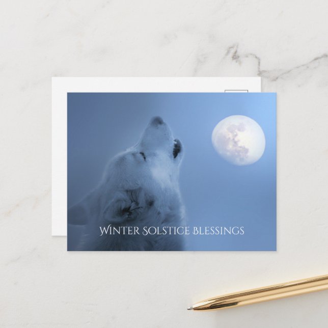 Carte Postale Bénédictions du solstice d'hiver Loup et Lune (Devant/Arrière en situation)
