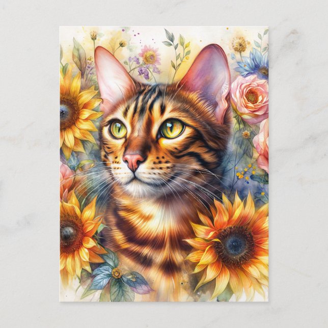Carte Postale Bengal Cat Floral Portrait Art (Devant)