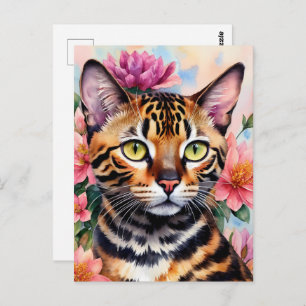Carte Postale Bengale Chat Aquarelle Art Floral