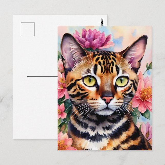 Carte Postale Bengale Chat Aquarelle Art Floral (Devant / Derrière)