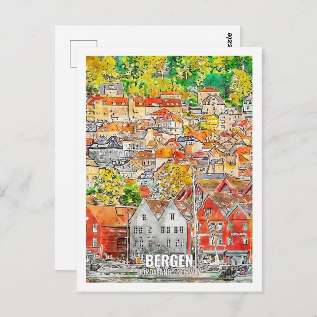 Carte Postale Bergen Hordaland Norvège Lieu de voyage Aquarelle (Devant / Derrière)