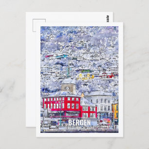 Carte Postale Bergen Hordaland Norvège Lieu de voyage Aquarelle