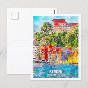 Carte Postale Bergen Hordaland Norvège Voyage Lieu Aquarelle