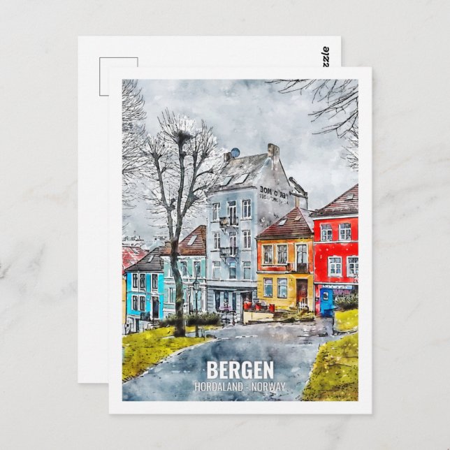 Carte Postale Bergen Hordaland Norvège Voyage Lieu Aquarelle (Devant / Derrière)