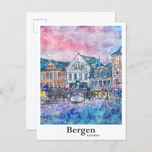 Carte Postale Bergen Norvège Voyage Aquarelle Croquis Main tirée