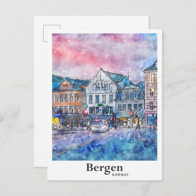 Carte Postale Bergen Norvège Voyage Aquarelle Croquis Main tirée (Devant / Derrière)