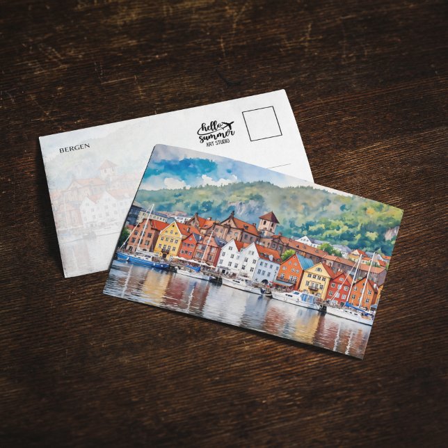 Carte postale Bergen Norvège Watercolor (Créateur téléchargé)