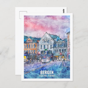 Carte Postale Bergen Vestland Norvège Travel Place Watercolor