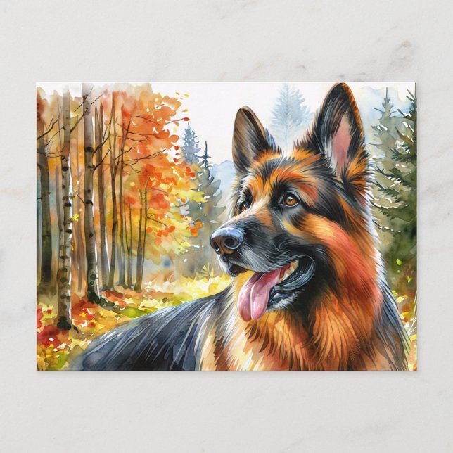 Carte Postale Berger allemand en aquarelle d'automne (Devant)