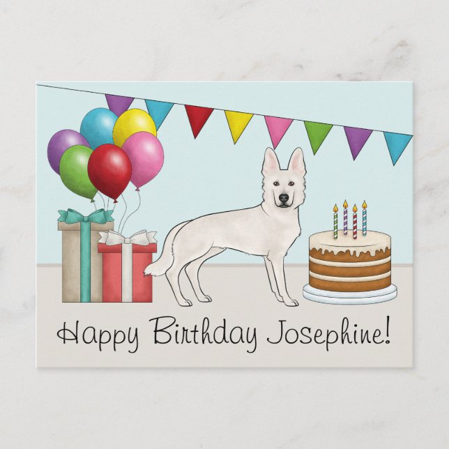 Carte Postale Berger Blanc Suisse GSD Coloré Joyeux Anniversaire (Devant)