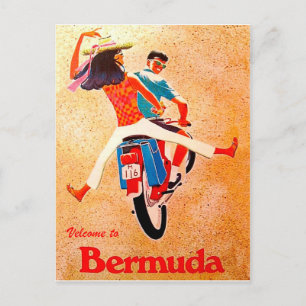 Carte Postale Bermude, couple heureux en promenade à moto
