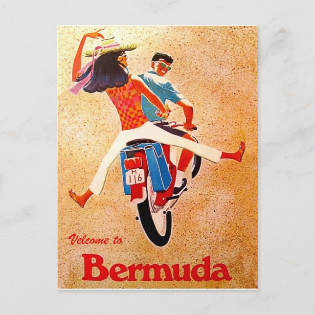 Carte Postale Bermudes, couple heureux en moto (Devant)