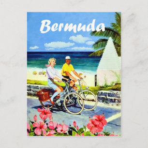 Carte Postale Bermudes, couple vélo près de la plage, vintage