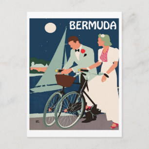 Carte Postale Bermudes, jeune couple avec des vélos près de la c