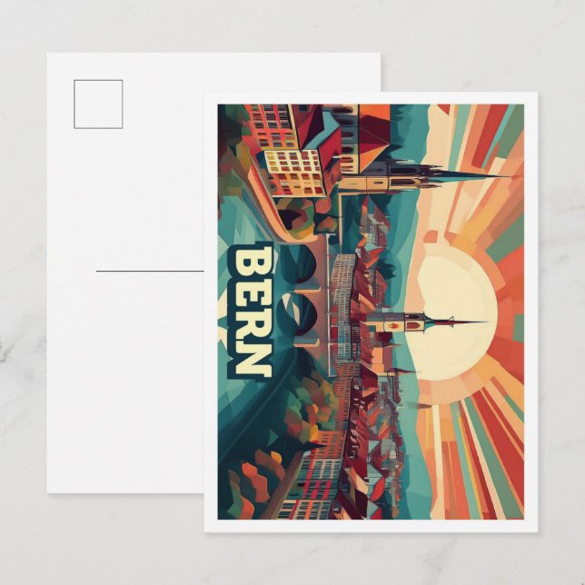 Carte Postale Berne Suisse artistique coloré (Devant / Derrière)