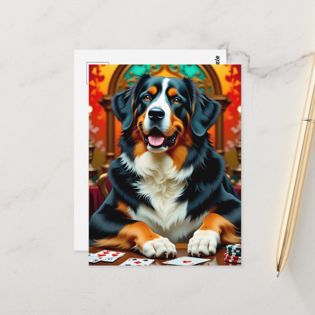 Carte Postale Bernese Mountain Dog playing Poker (Devant/Arrière en situation)