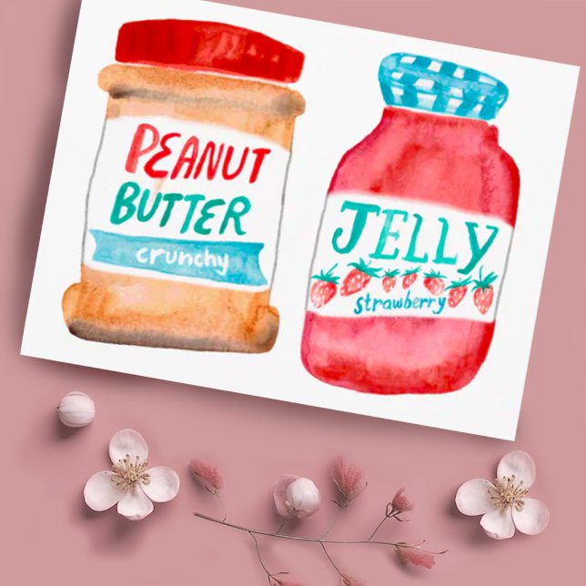 Carte Postale Beurre d'arachide et aquarelle de gelée (Cute watercolor peanut butter and jelly jars. Add your own text to this postcard!)