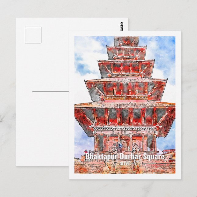 Carte Postale Bhaktapur Durbar Népal Fameux Aquarelle de voyage (Devant / Derrière)
