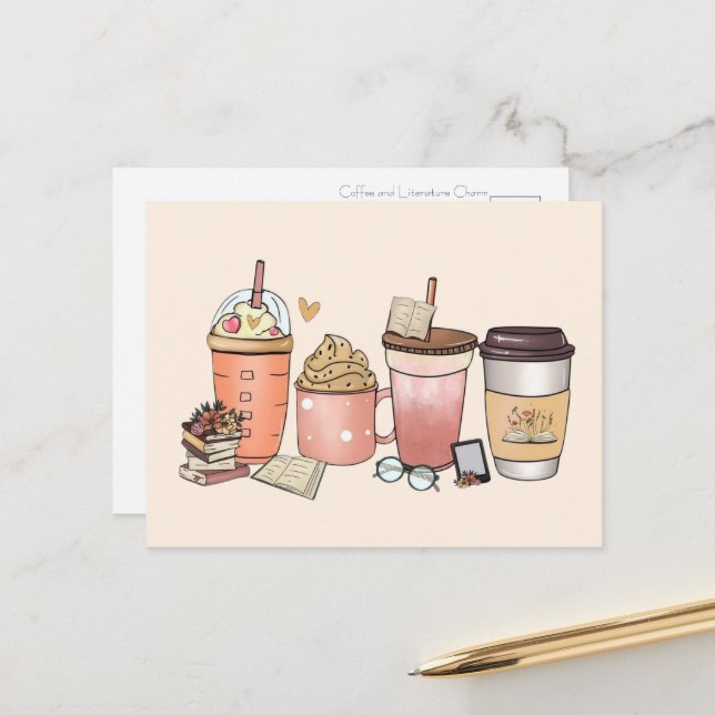 Carte Postale Bibliophiles et amateurs de caféine (Devant/Arrière en situation)