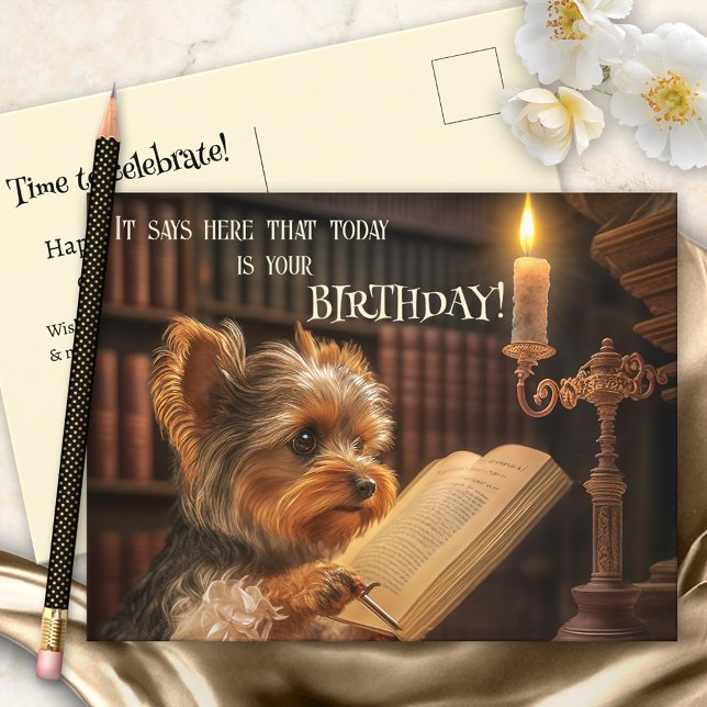 Carte Postale Bibliothèque mignonne Yorkshire Chien Anniversaire (Créateur téléchargé)