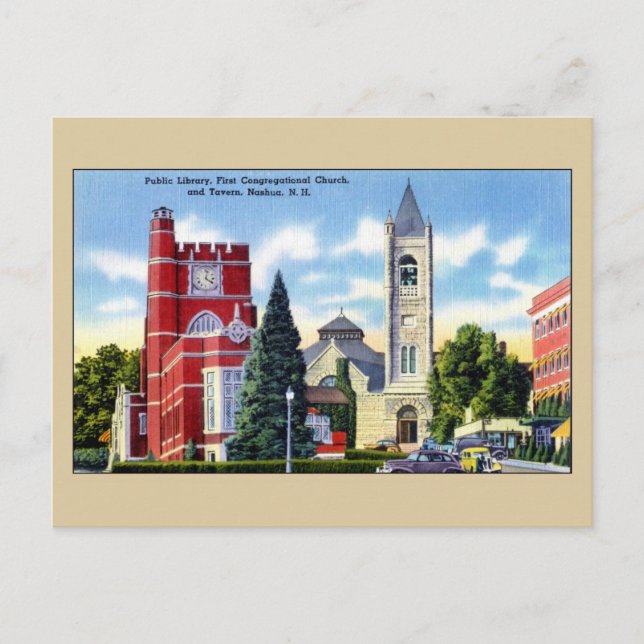 Carte Postale Bibliothèque publique, Église, Taverne, Nashua NH (Devant)