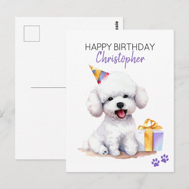 Carte Postale Bichon Frise Chien Personnalisé Joyeux Anniversair (Devant / Derrière)