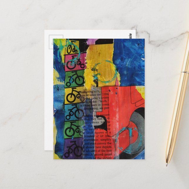Carte Postale Bicycles and Trucks mixed media collage (Devant/Arrière en situation)