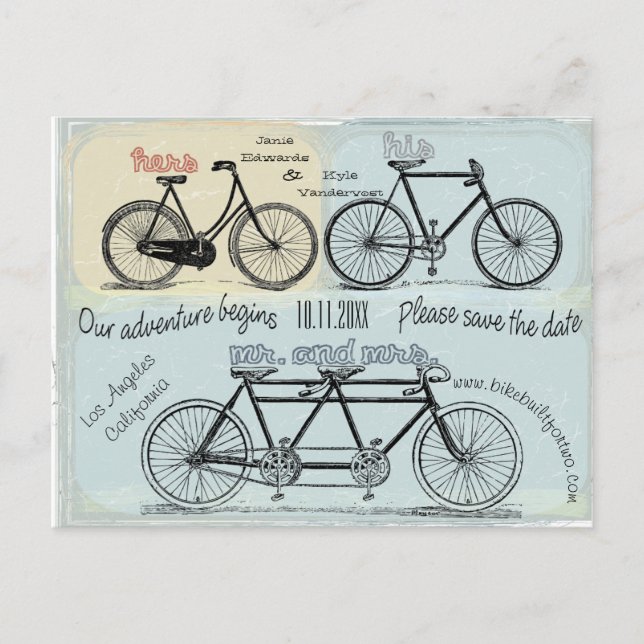 Carte Postale Bicyclette construite pour deux se mariant (Devant)