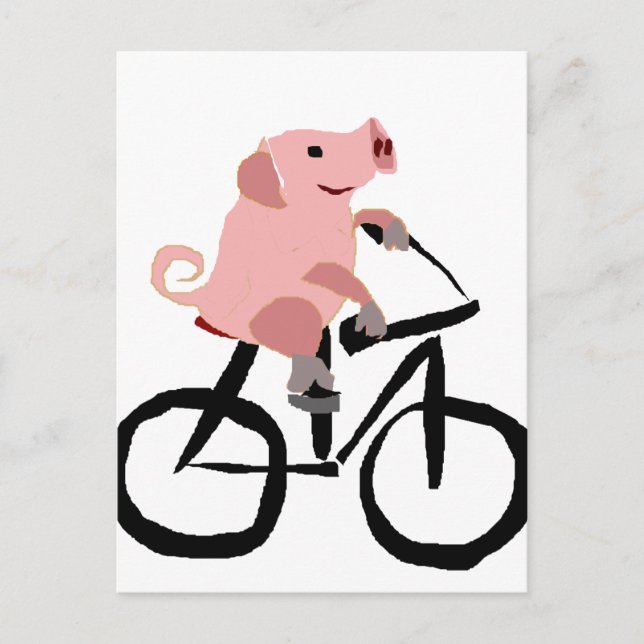 Carte Postale Bicyclette pour équitation de cochon rose amusant (Devant)