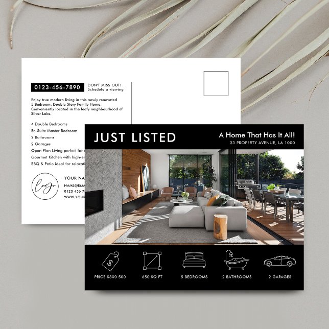 Carte Postale Biens juste cotés Black Immobilier Marketing (Add your custom text, contact details, logo and photos to create promotional cards for real estate)