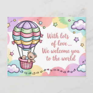 Carte Postale Bienvenue Bébé avec un Ours en Peluche en Montgolf