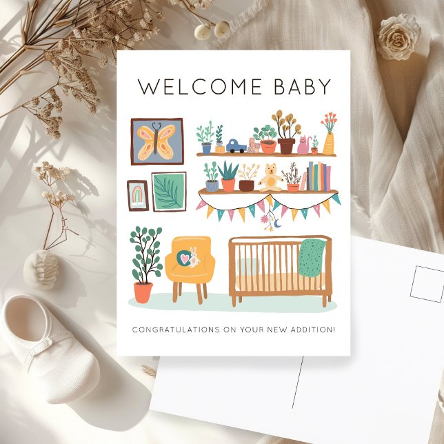 Carte Postale BIENVENUE BÉBÉ Douce Nurserie Mixte Félicitations (WELCOME BABY Cute Nursery Gender Neutral Congratulations New Baby Postcard
)