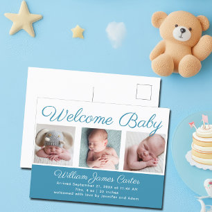 Carte Postale Bienvenue bébé garçon bleu mou photo nouveau-né na
