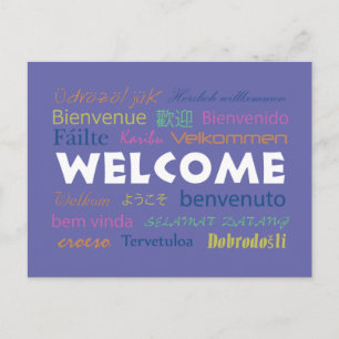 Carte Postale Bienvenue Colorée en Plusieurs Langues Bleu Perven