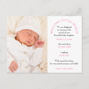 Carte Postale Bienvenue dans le monde Baby Girl Photo Texte Blan