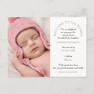 Carte Postale Bienvenue dans le monde Baby Girl Photo Typographi