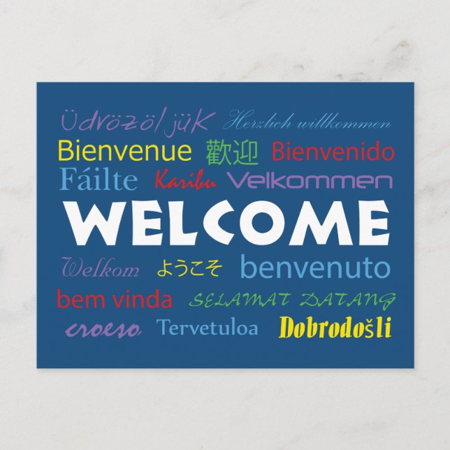 Carte Postale Bienvenue dans plusieurs langues Bleu Blanc (Devant)