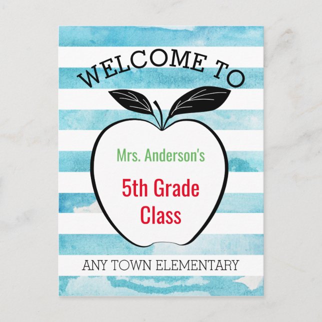 Carte Postale Bienvenue Retour à l'école, Apple & Watercolor Str (Devant)