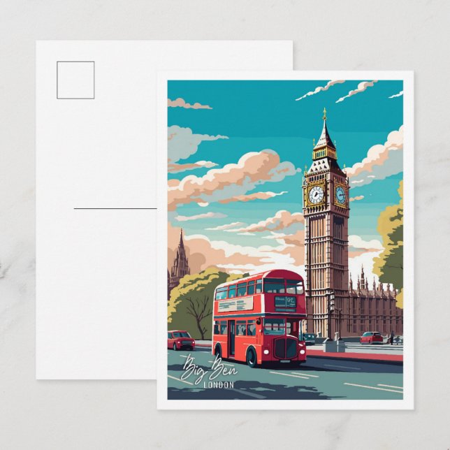 Carte Postale Big Ben Angleterre Royaume-Uni Art Illustration de (Devant / Derrière)