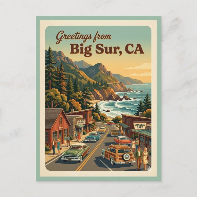 Carte Postale Big Sur CA Salutations Route Côtière Rétro (Devant)