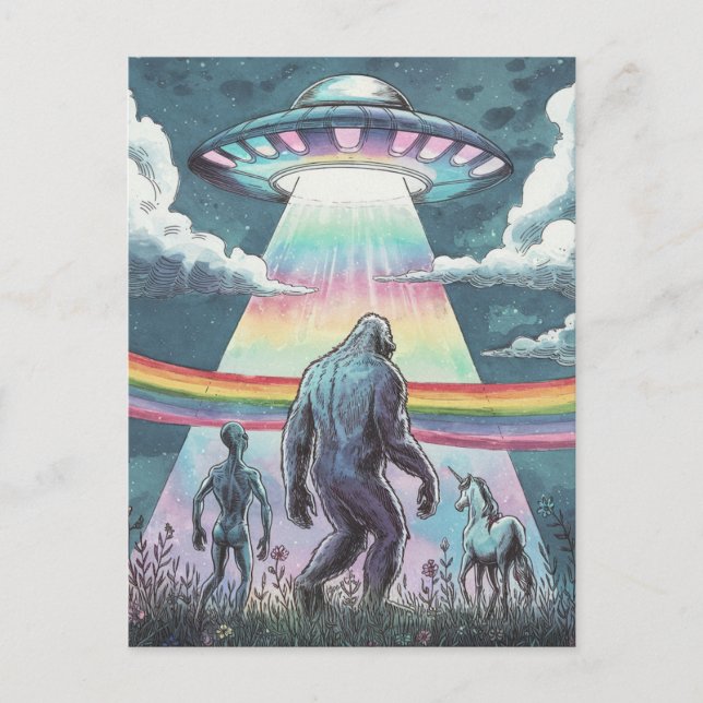 Carte Postale Bigfoot, Alien et Unicorne avec un ovni (Devant)