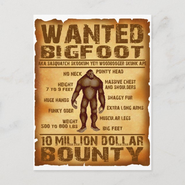 Carte Postale Bigfoot Bounty Poster Recherché de 10 millions de  (Devant)