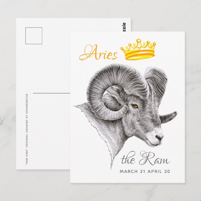Carte Postale Bighorram avec Crown Aries Zodiac Animal art (Devant / Derrière)