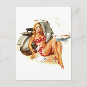 Carte Postale Bikini fille avec scooter vintage pin