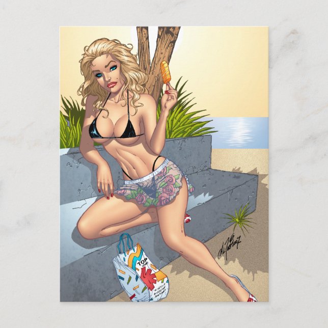 Carte Postale Bikini Girl Pin-up Art de la crème glacée par Al R (Devant)